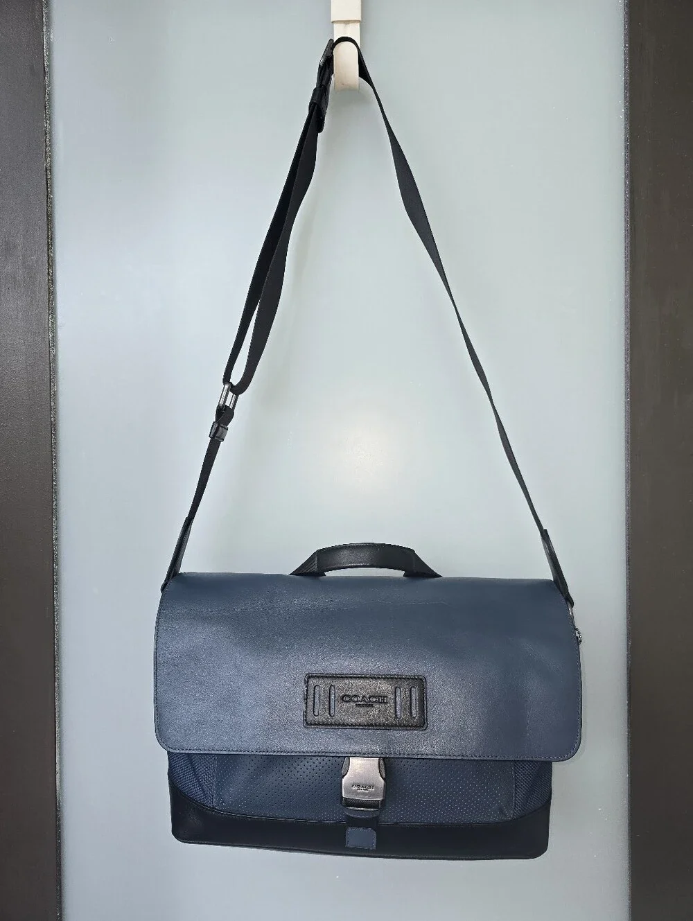 COACH F24673 Terrain Bike Bag Blue & Black Leather & Canvas Gunmetal Hardware **